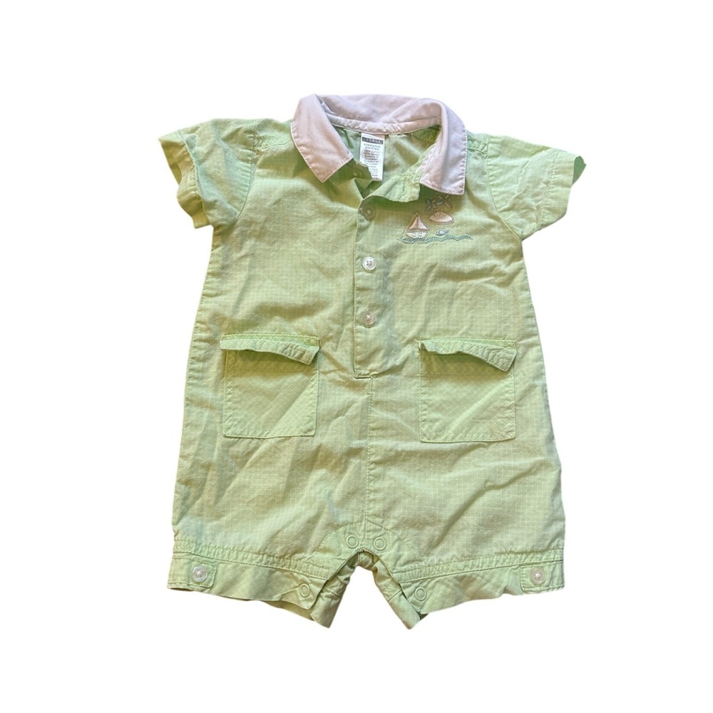 George Romper Baby Boy Green Plaid Sailboat Nautical One Piece SIZE 6-9 Months